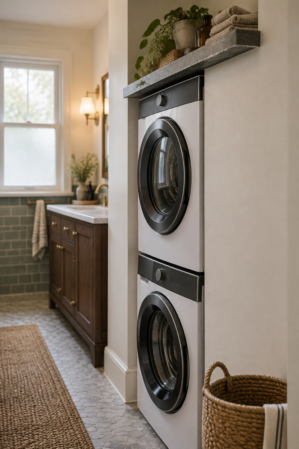 Stacked washer and dryer set against the bathroom's single plumbing wall beneath a honed dark stone shelf