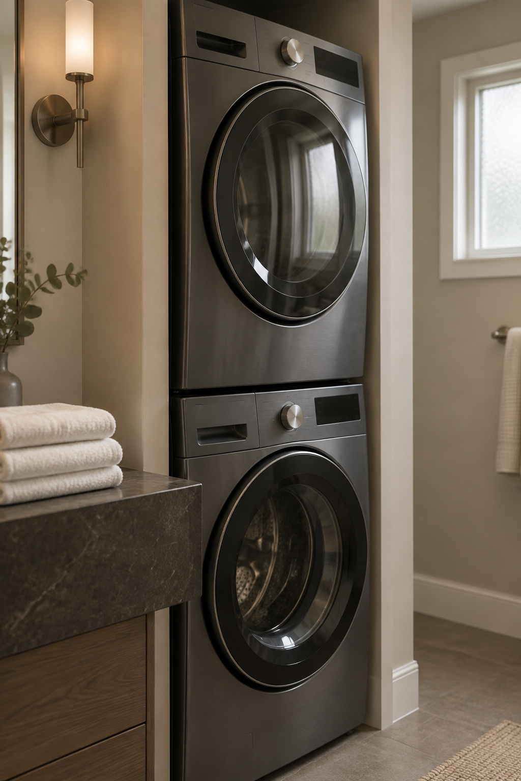 Graphite stacked washer and dryer built into a small bathroom alcove next to a honed stone vanity edge