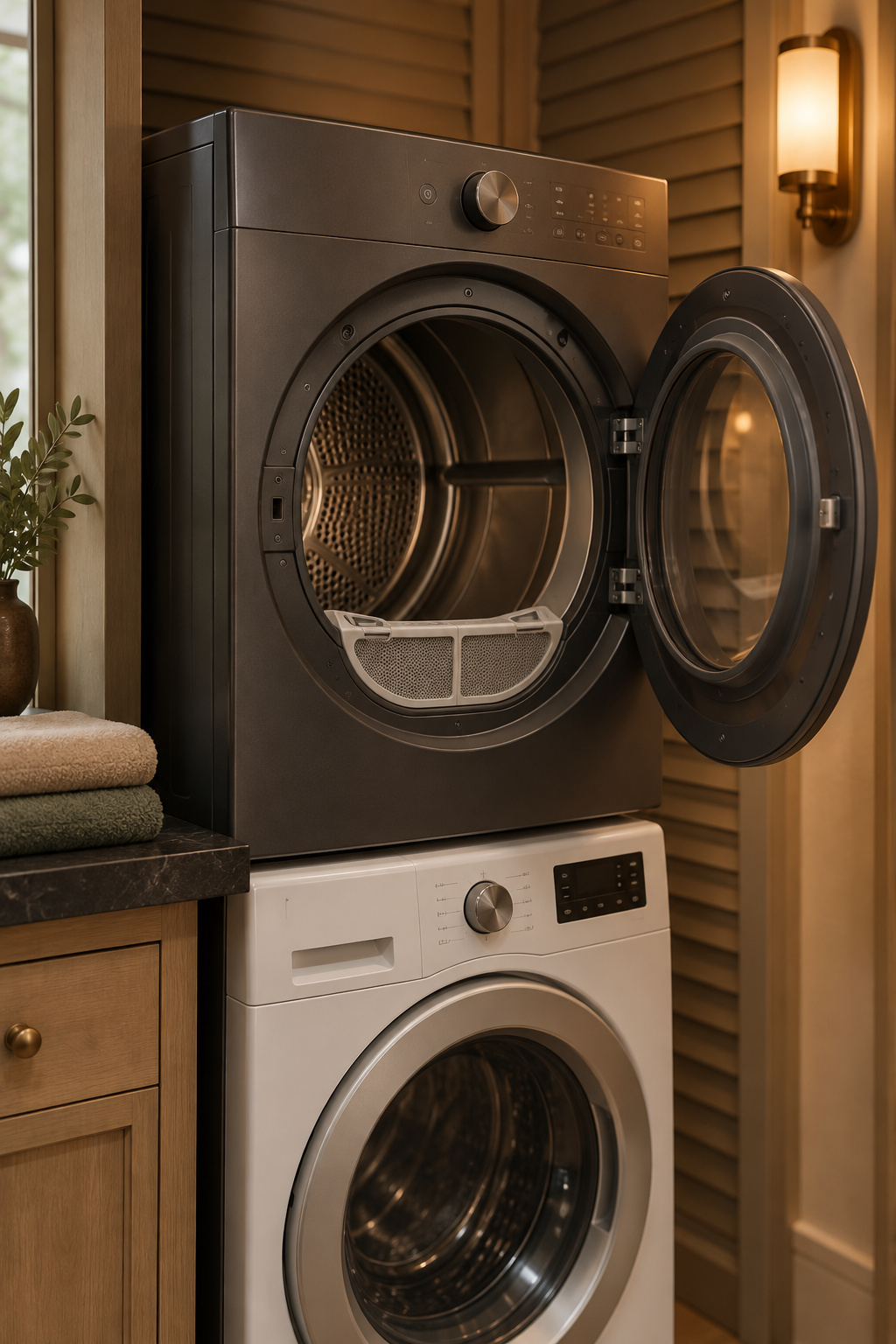 Open ventless dryer door on a stacked bathroom laundry unit with no exterior vent duct visible