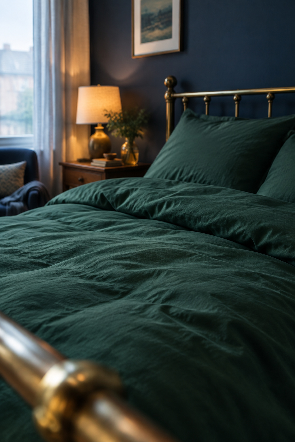 A bottle-green duvet cover against an ink-navy wall, split between warm lamp light and cooler daylight to show a subtle color shift