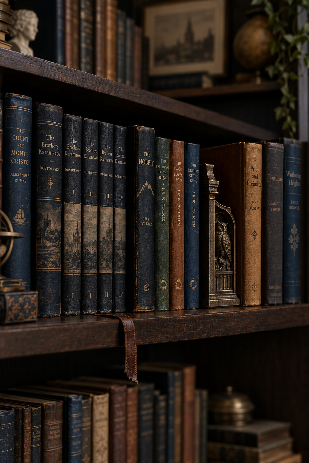 Bookshelf section arranged by author and series groupings with naturally mixed spine colors rather than sorted by color