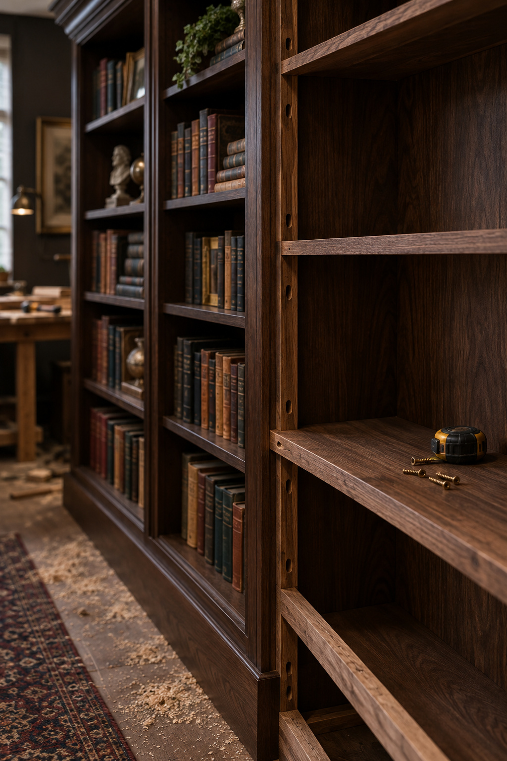 Built-to-fit dark wood shelf run under construction, one section loaded with books and one still bare framing