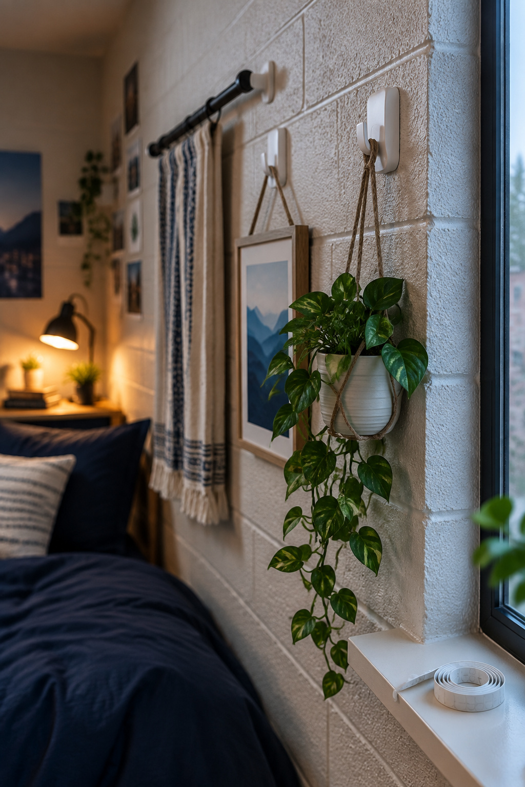 Heavyweight adhesive hooks and a tension rod holding decor on a painted cinder-block dorm wall