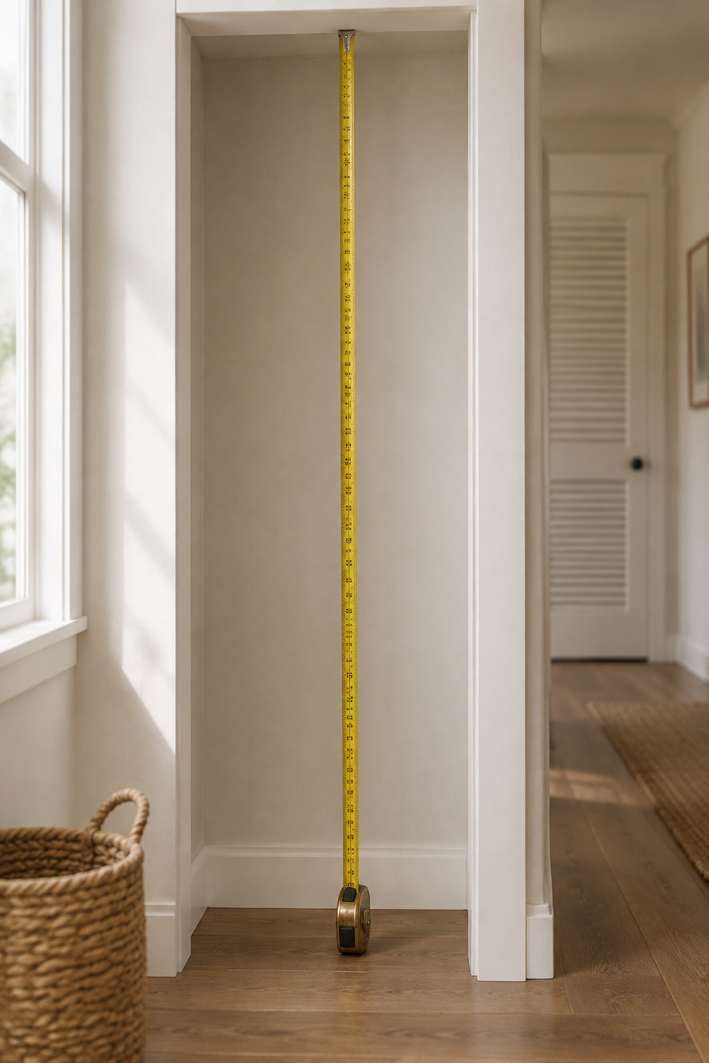 Tape measure extended inside an empty closet alcove being measured for a stacked washer and dryer