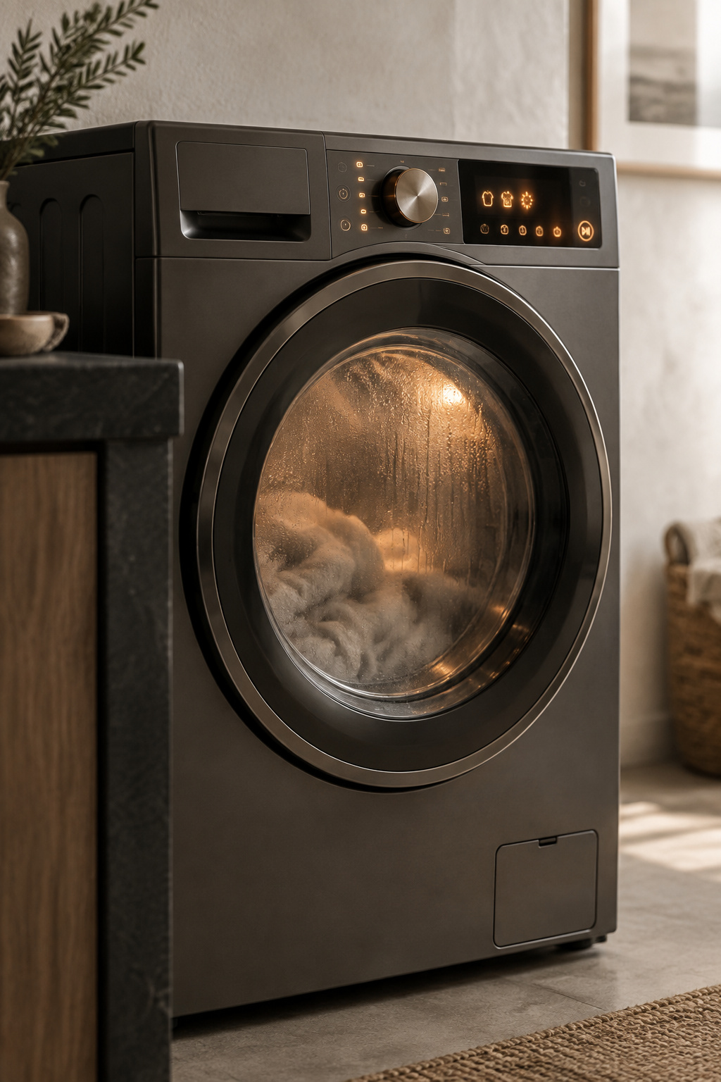 All-in-one washer dryer combo mid drying cycle with condensation fogging the door glass