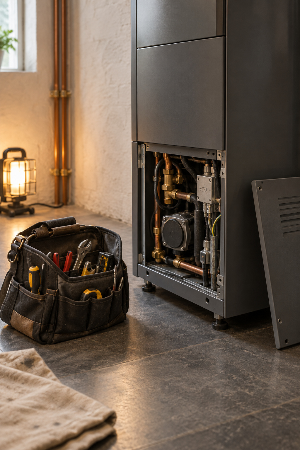 Open tool bag beside an all-in-one combo unit with its lower access panel removed for a repair