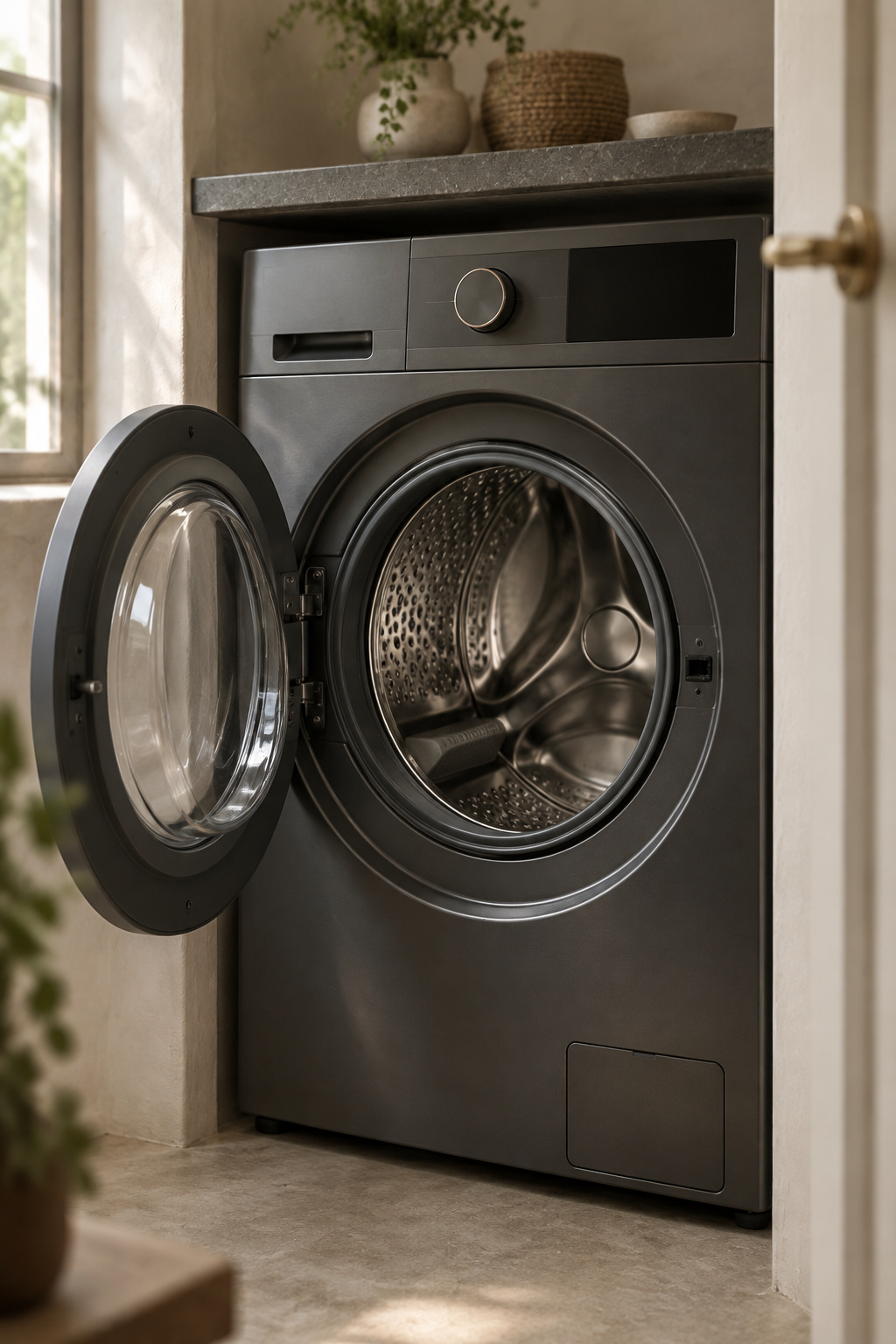 Single graphite all-in-one washer dryer combo with its door open in a shallow alcove