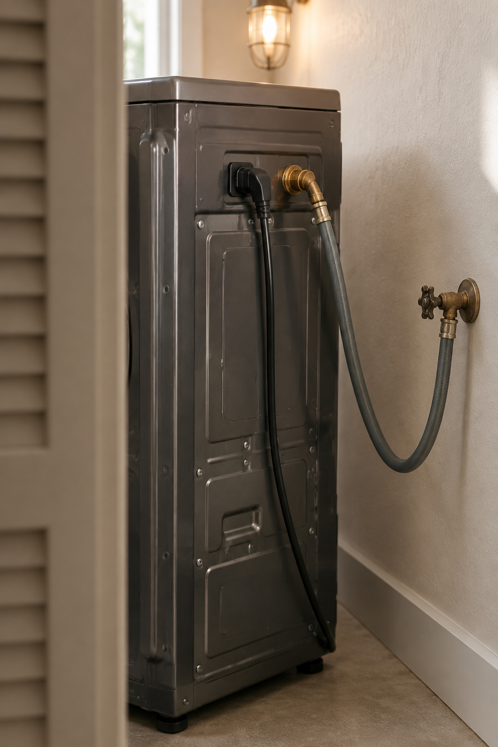 Rear of an all-in-one washer dryer combo showing a single power cord and water line with no vent duct