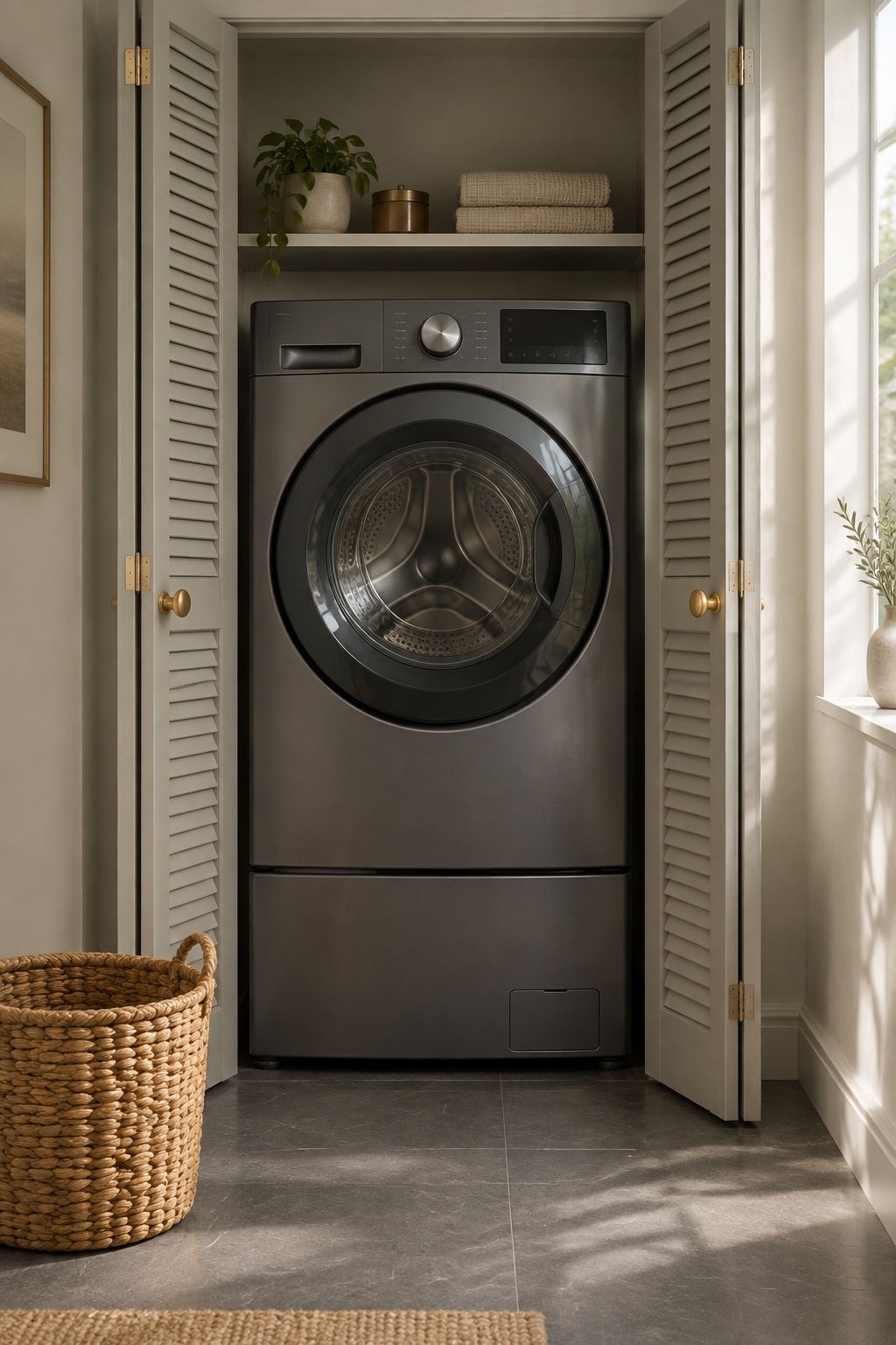 Single graphite all-in-one washer-dryer combo unit in a shallow putty-grey alcove with louvered doors open