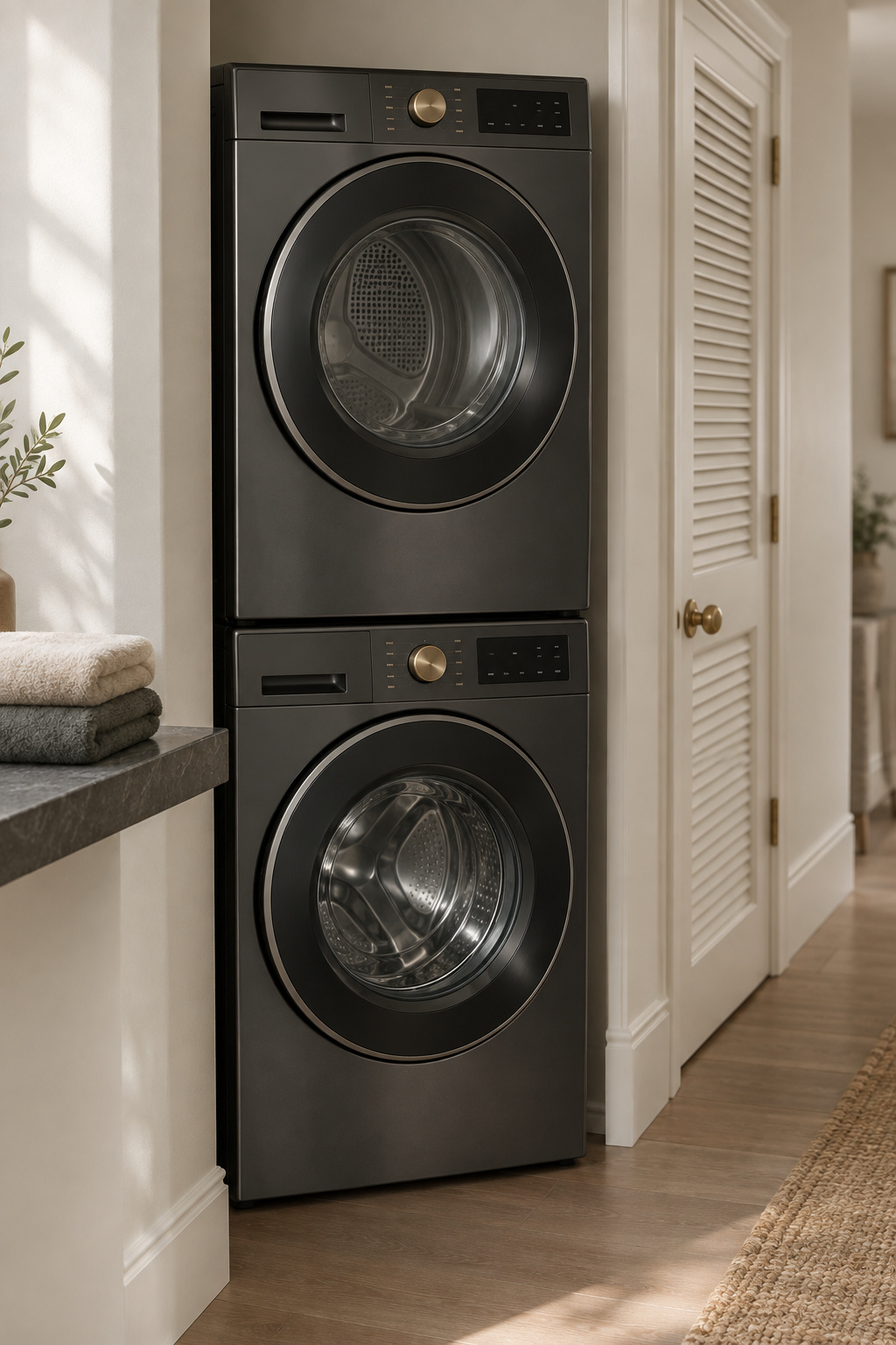 Graphite dryer stacked on a matching graphite washer in a narrow corridor alcove with aged brass hardware
