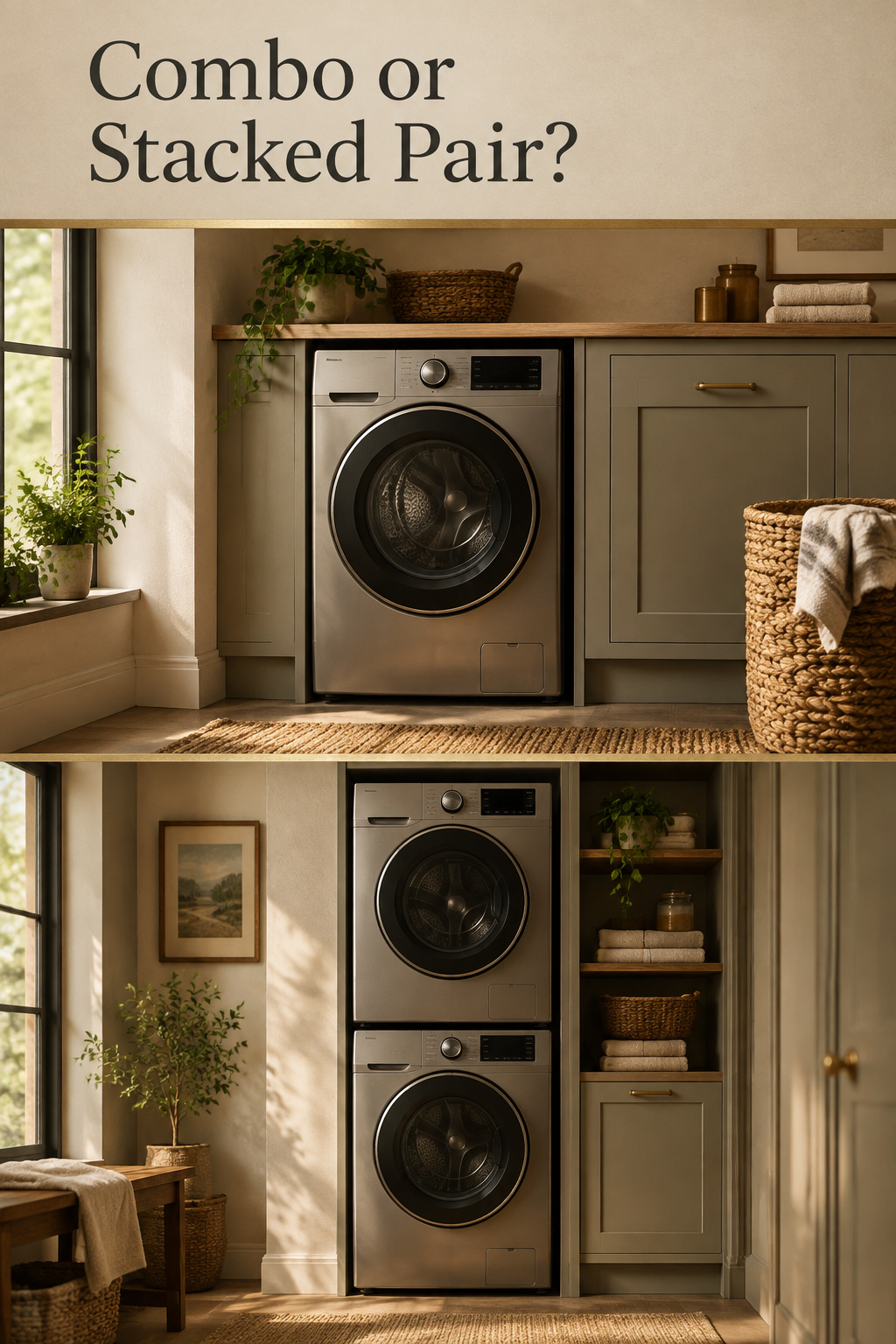 Pinterest collage comparing a single all-in-one washer dryer unit to a stacked graphite washer and dryer pair