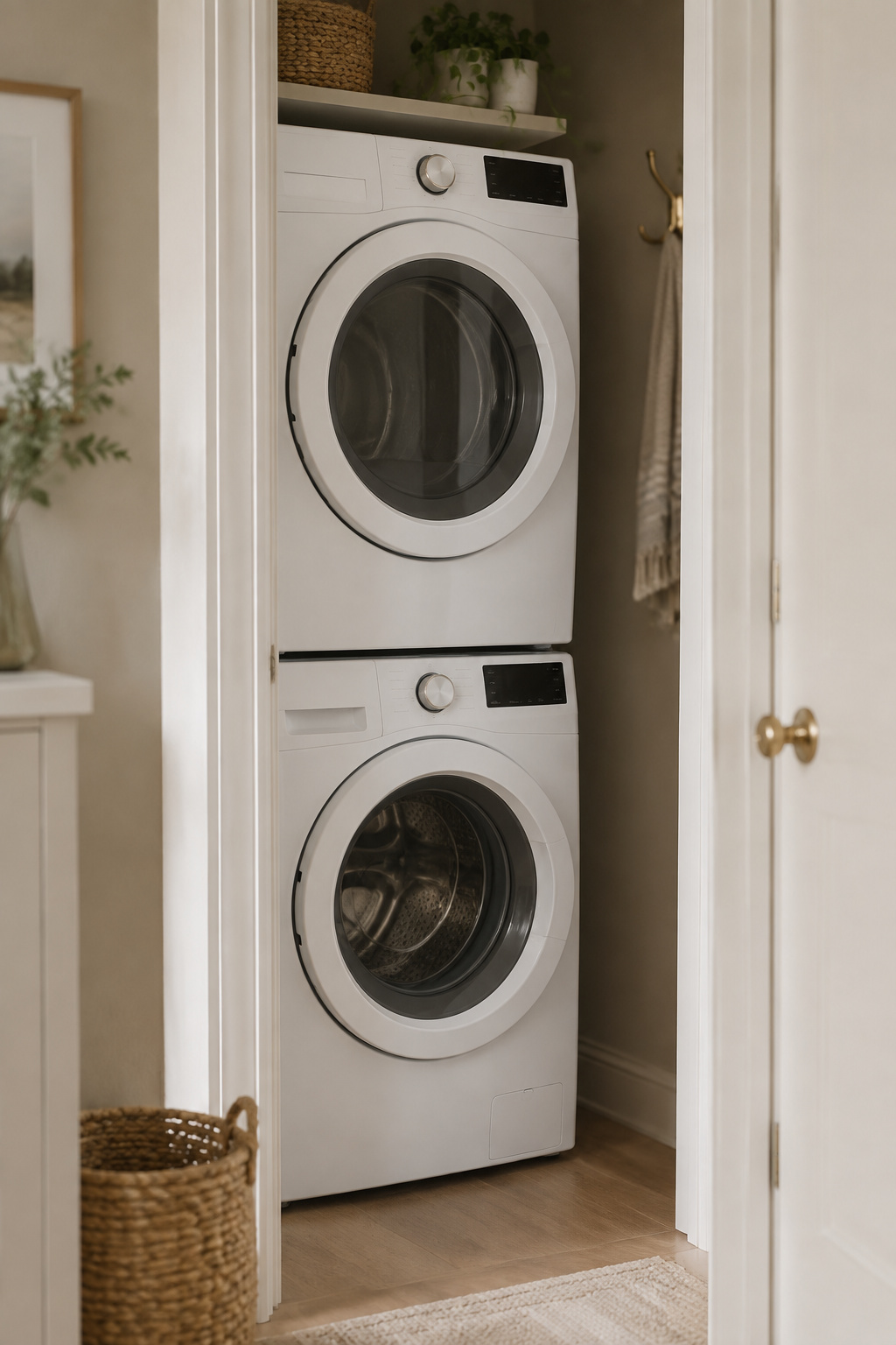 Compact 24-inch white washer and dryer stacked vertically inside a shallow putty-toned closet