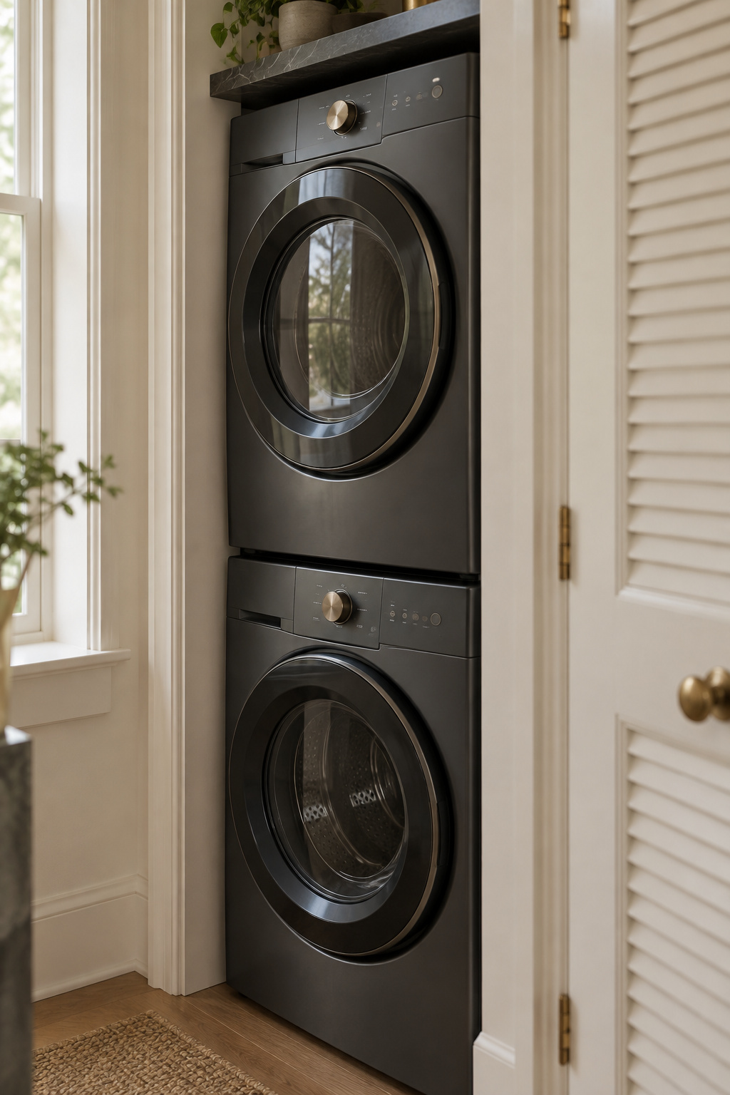 Narrow compact 24-inch stacked washer and dryer pair set into a shallow closet