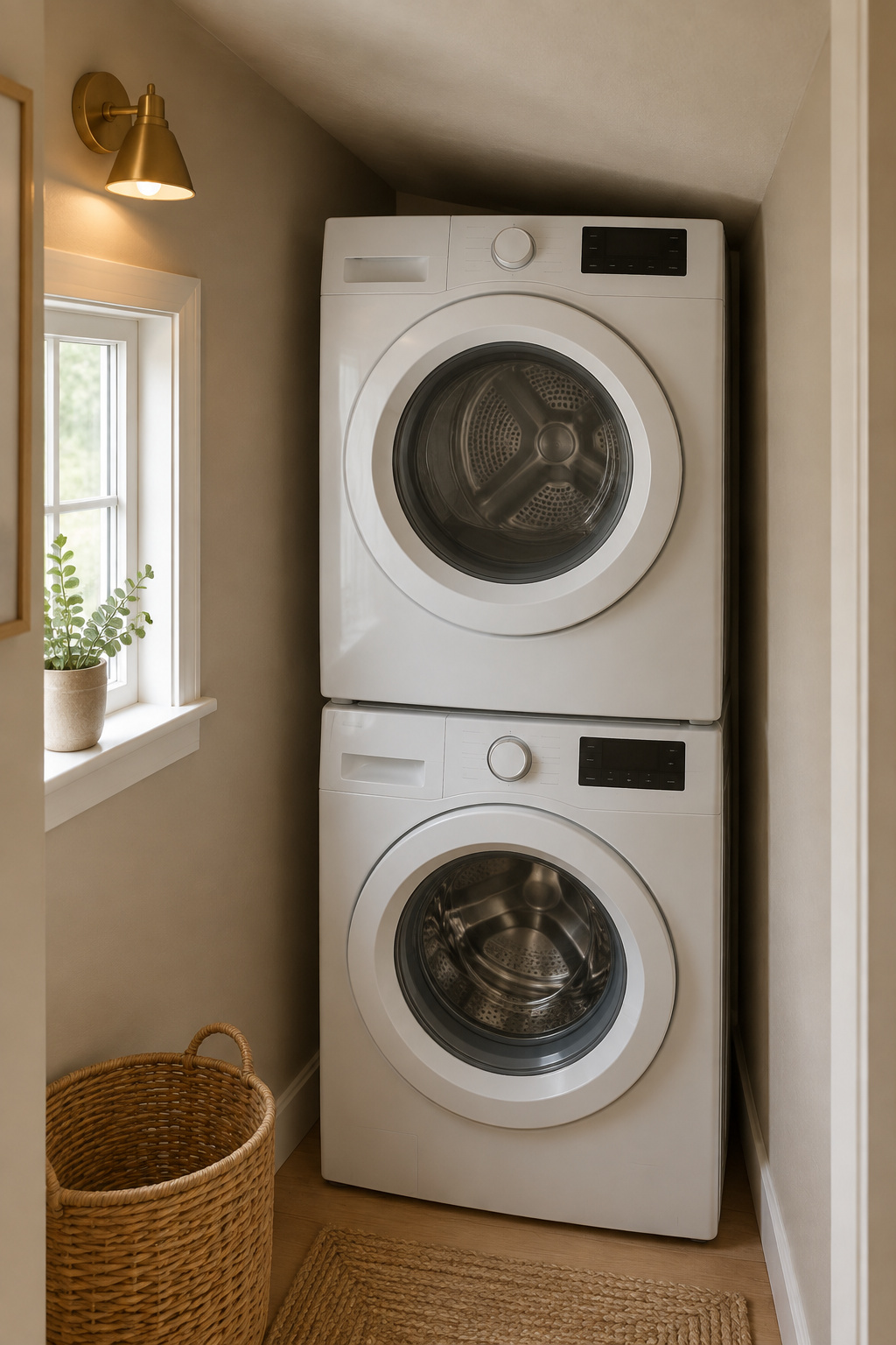 Compact white stacked washer and dryer fitting beneath a low sloped ceiling in a narrow putty-toned alcove