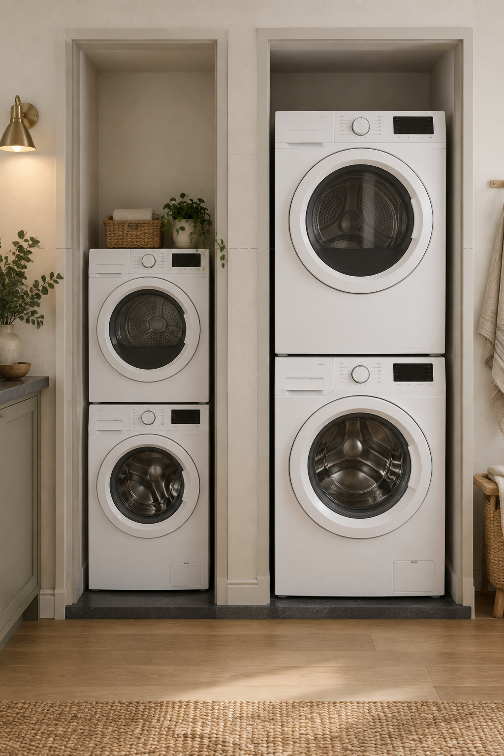 Side-by-side comparison of a shorter compact 24-inch stacked washer dryer and a taller full-size 27-inch stacked pair in matching closets