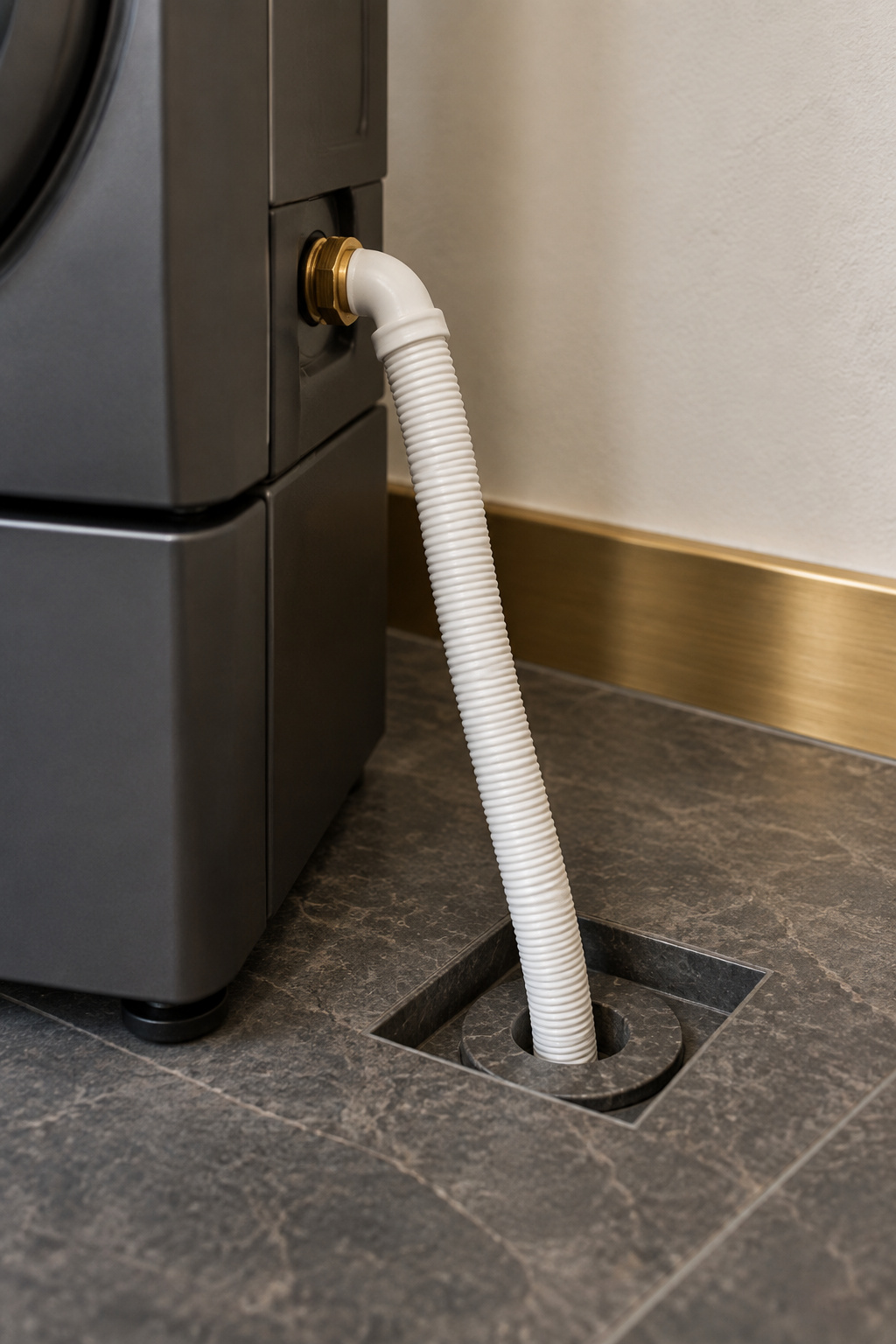 Condensate drain hose from a stacked graphite dryer routed into a floor drain in a honed dark-grey stone closet