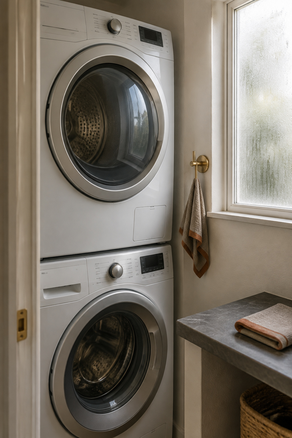 White condenser dryer stacked on a matching washer beside a small window fogged with condensation in a closet
