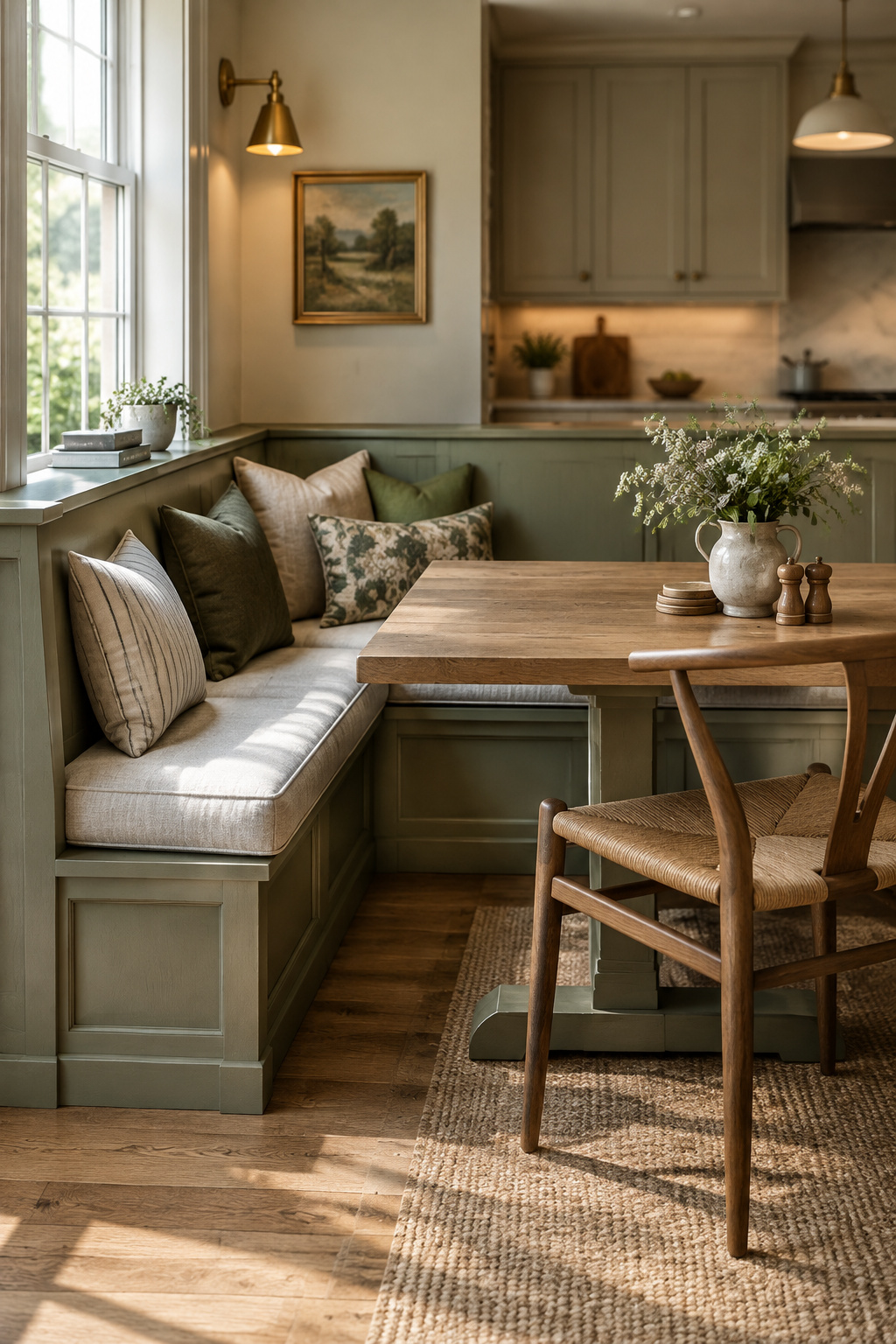 L-shaped built-in kitchen banquette with putty-green painted millwork, ochre cushions and a honed marble pedestal table, one chair pulled out