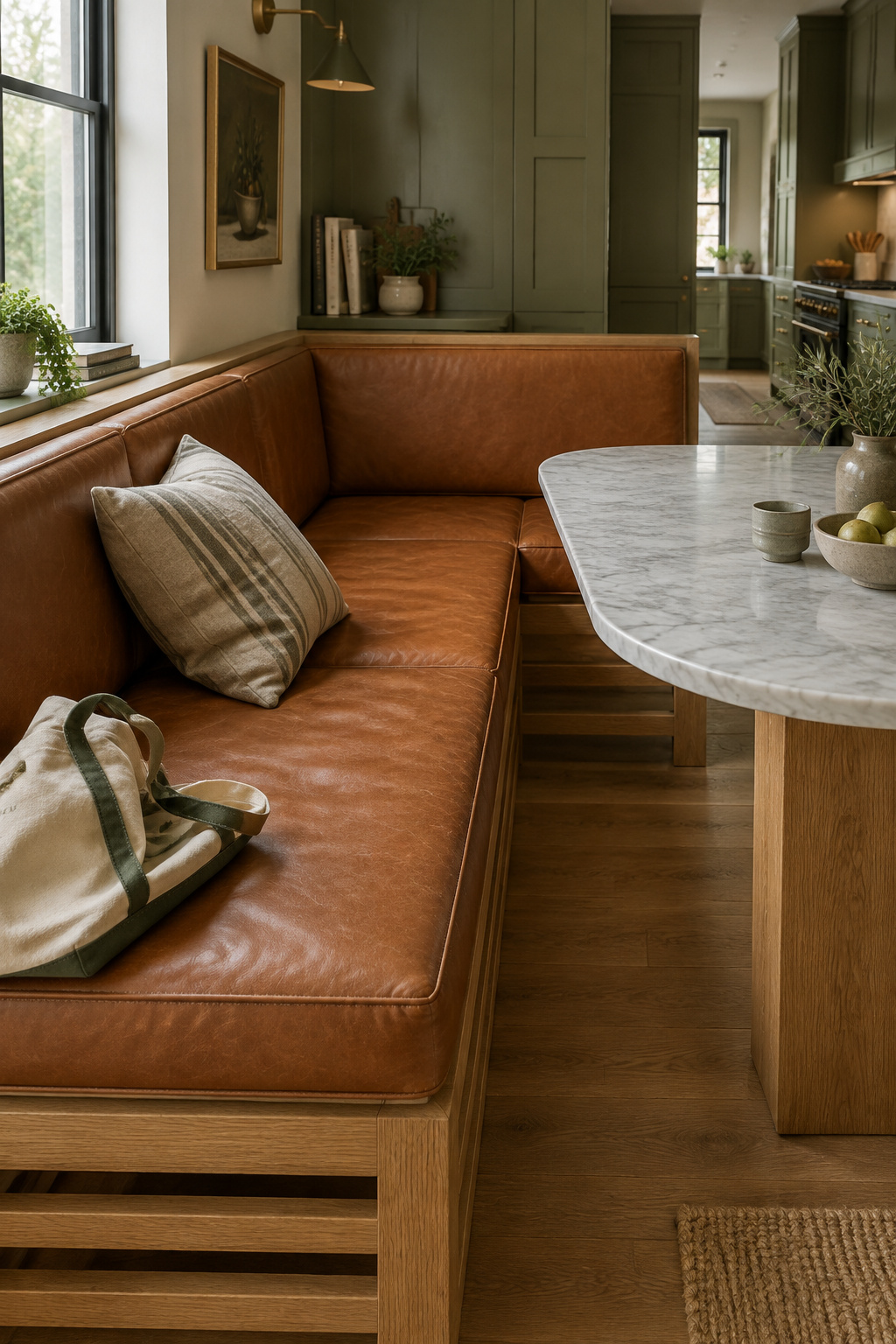 L-shaped oak kitchen banquette built into a corner, cognac leather cushions, honed marble table, and the walkway passing beside it