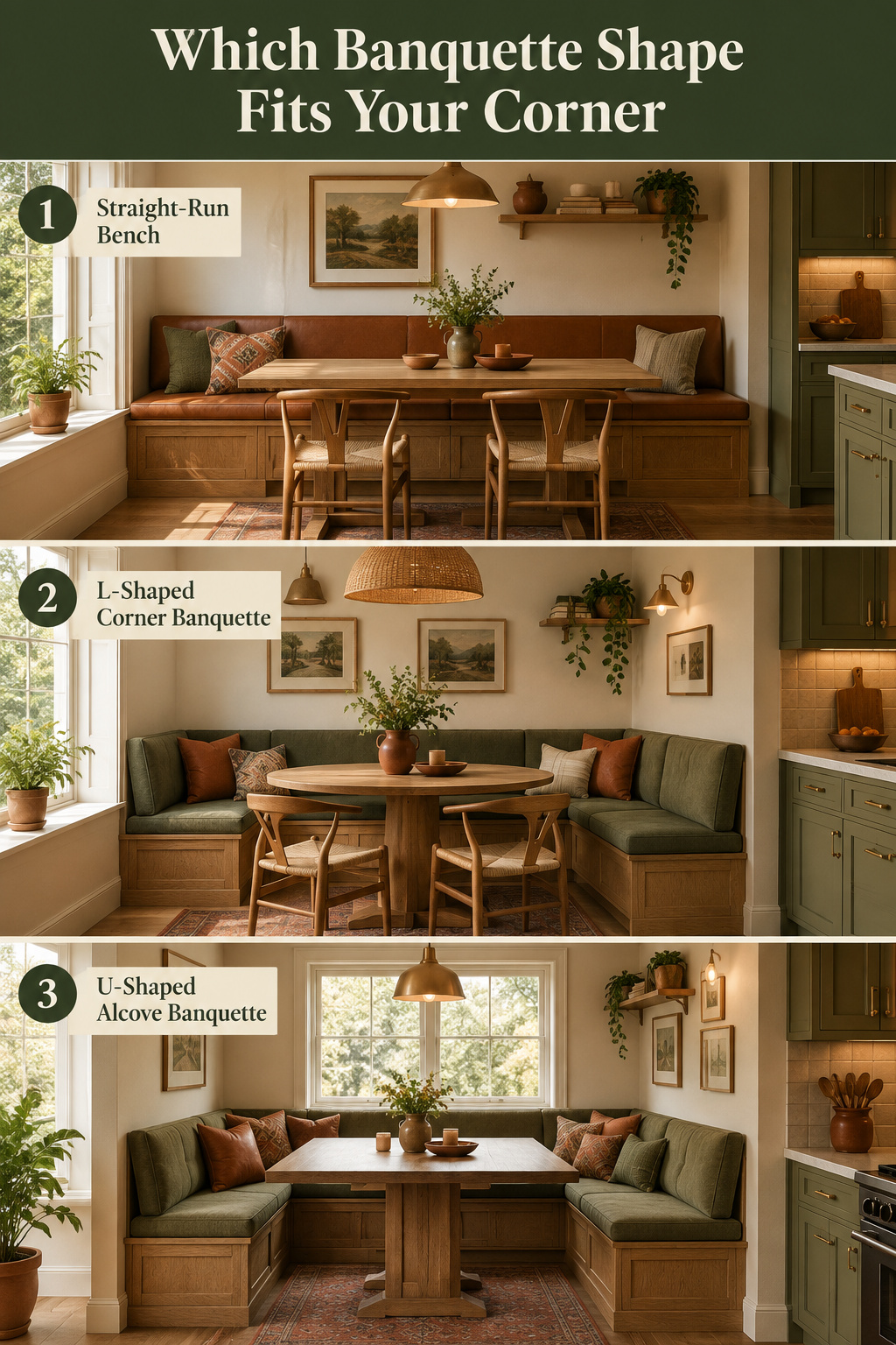 Pinterest pin comparing three corner banquette shapes - straight run, L-shaped, and U-shaped - in oak and cognac leather