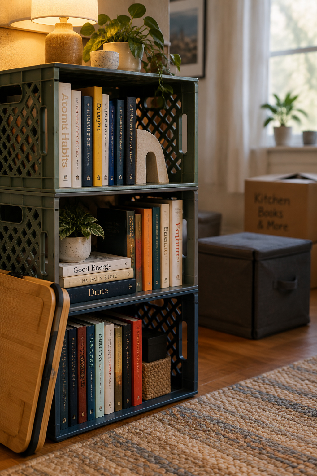Stacked plastic crates used as open shelving next to a folded bamboo lap desk and a collapsed storage ottoman