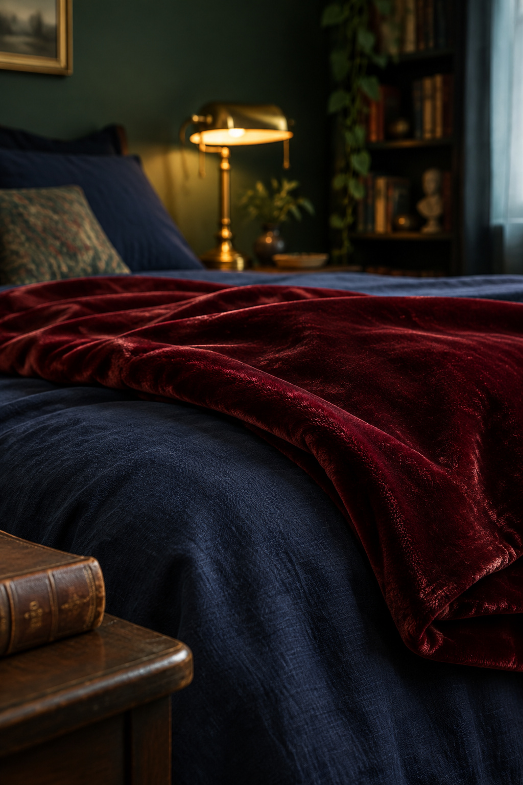 Oxblood velvet throw folded over an ink-navy linen duvet on a dark academia bed, lit by a warm brass lamp