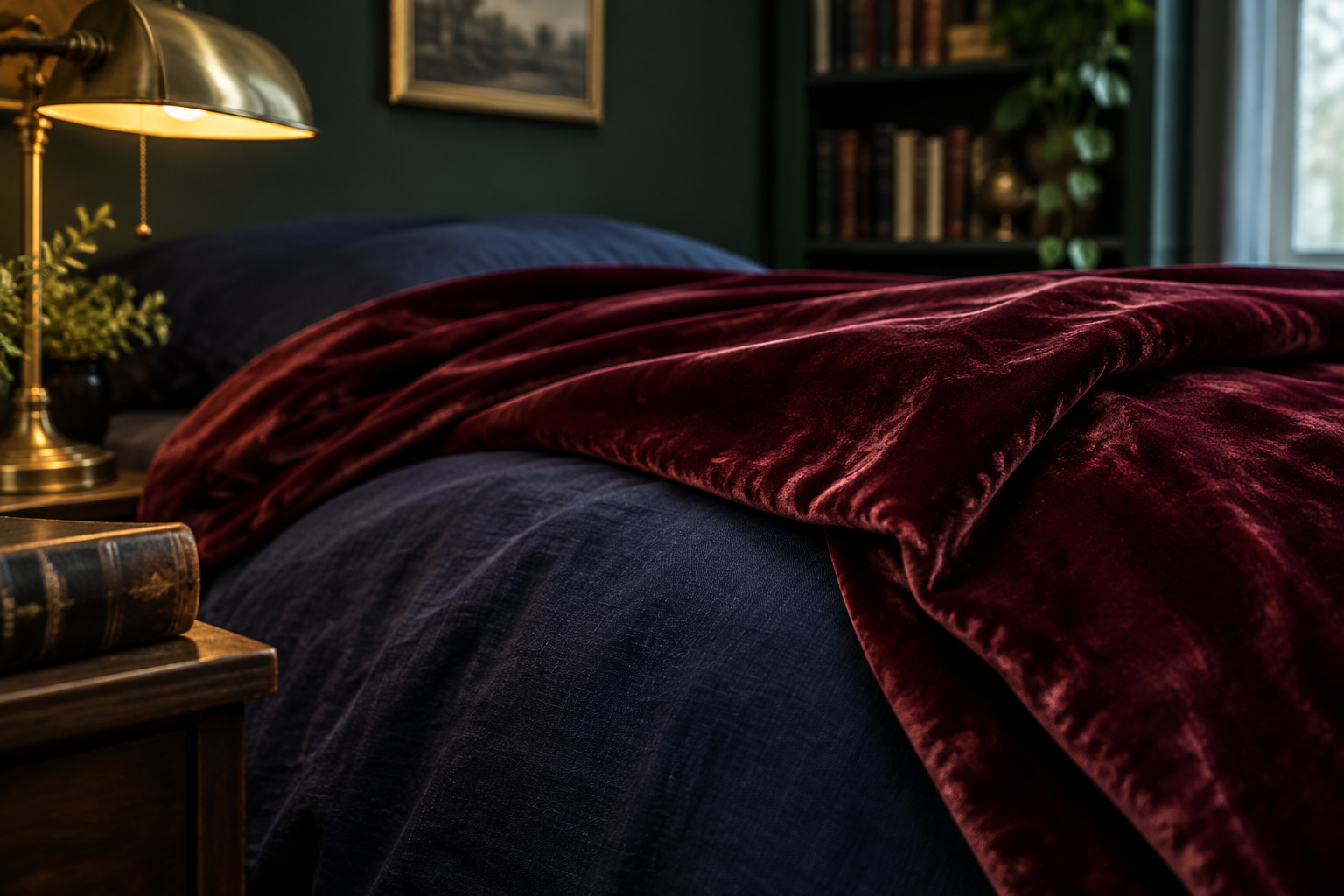 Oxblood velvet throw folded over an ink-navy linen duvet on a dark academia bed, lit by a warm brass lamp