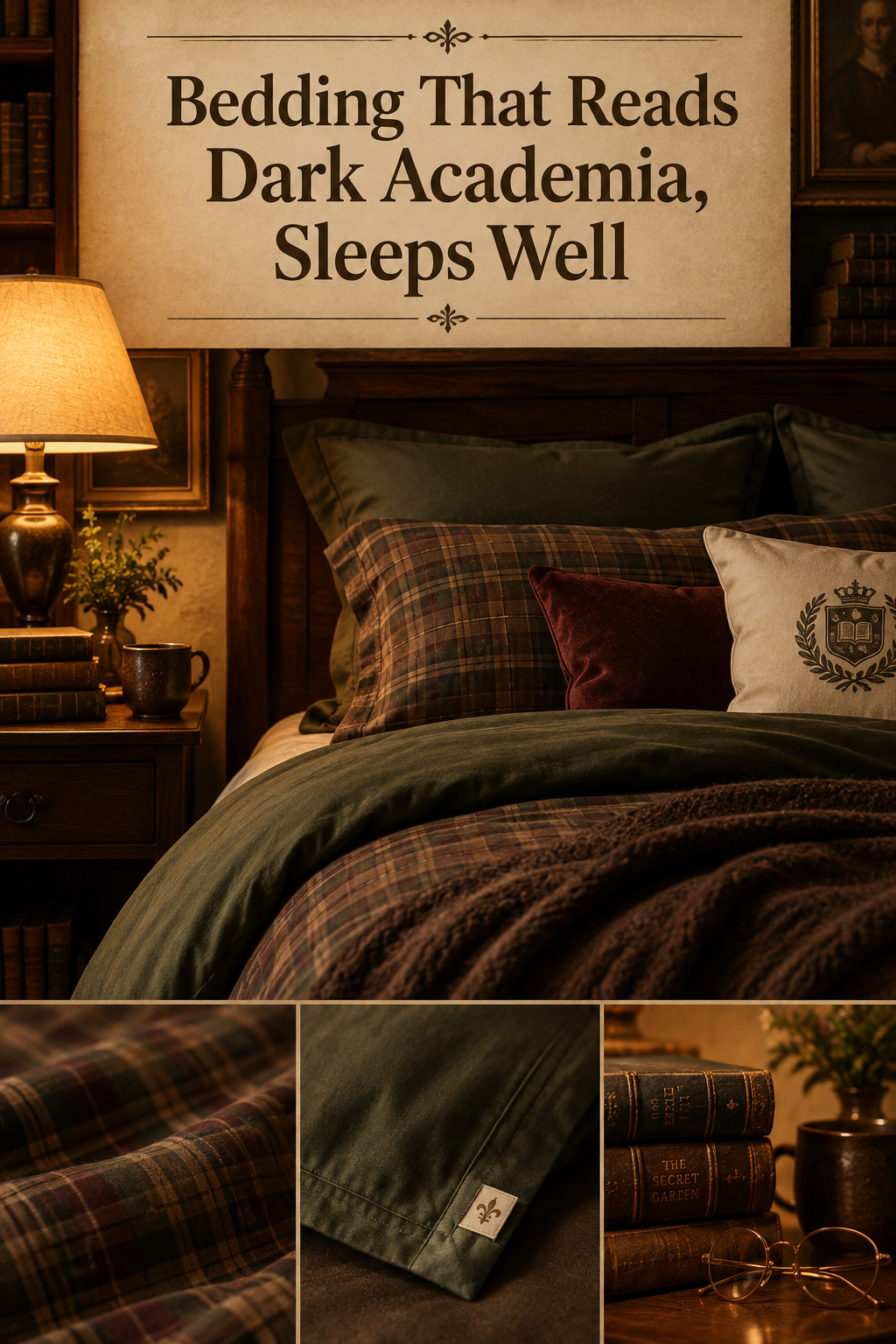 Pinterest pin collage of three dark academia bedding fabrics — oxblood velvet, ink-navy linen, bottle-green sateen — under a cream text band reading Bedding That Reads Dark Academia, Sleeps Well