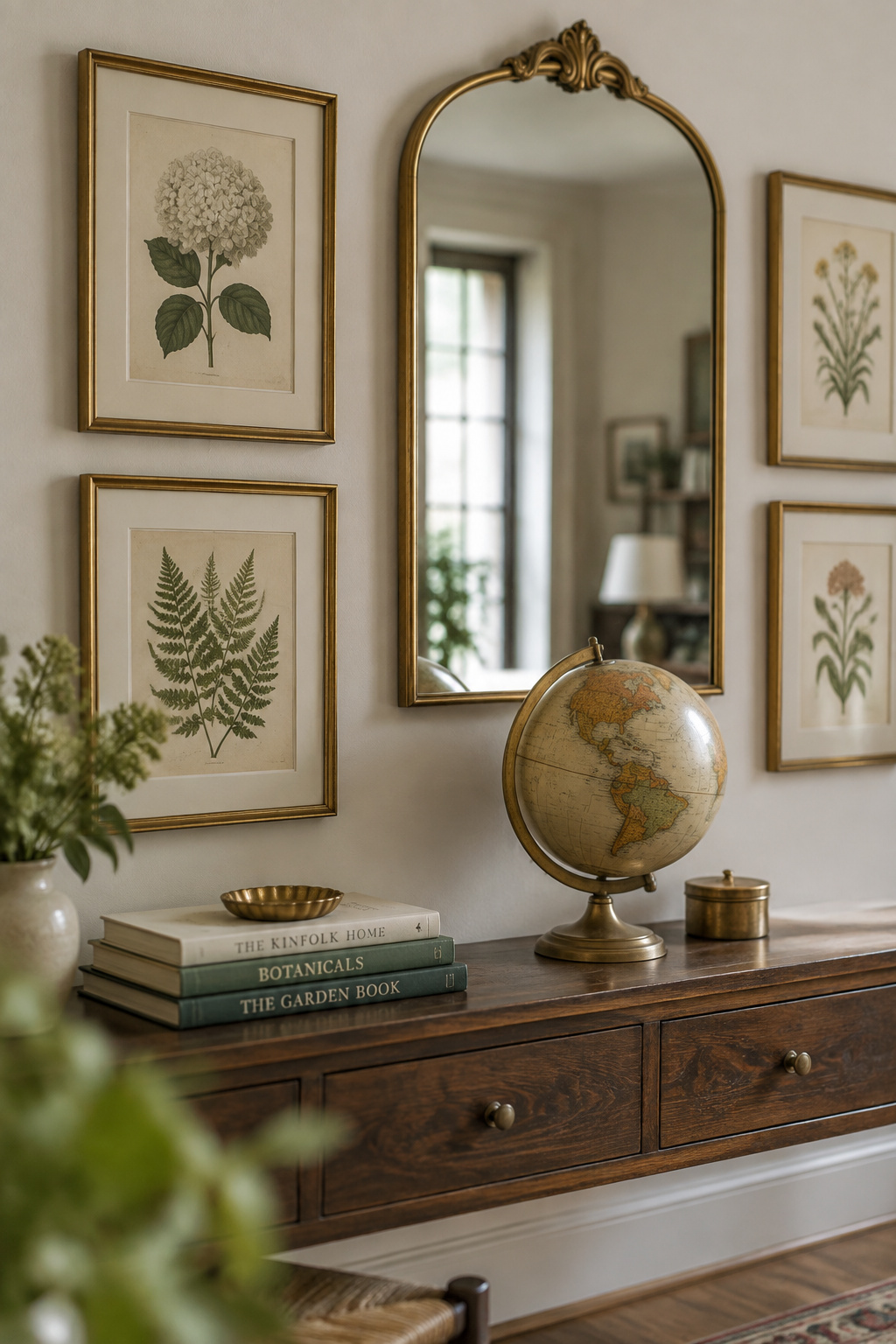 Framed botanical prints and a brass-framed mirror above a wooden console holding a vintage globe