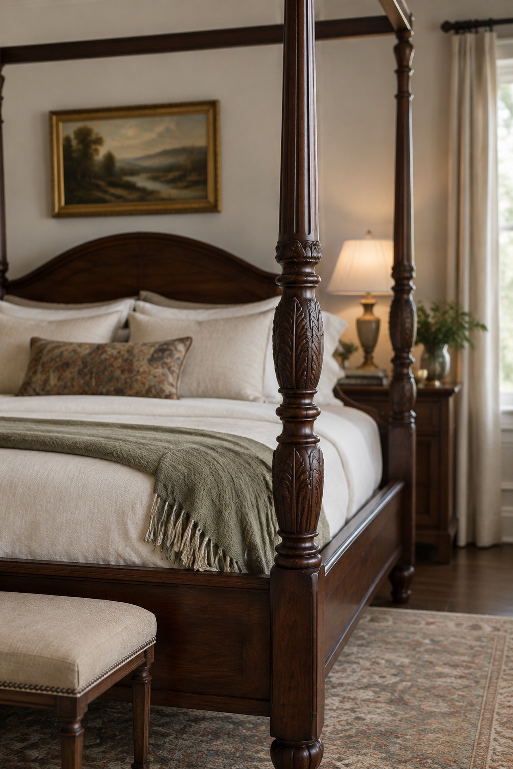 Dark walnut four-poster bed frame with carved posts and a folded wool blanket at its foot