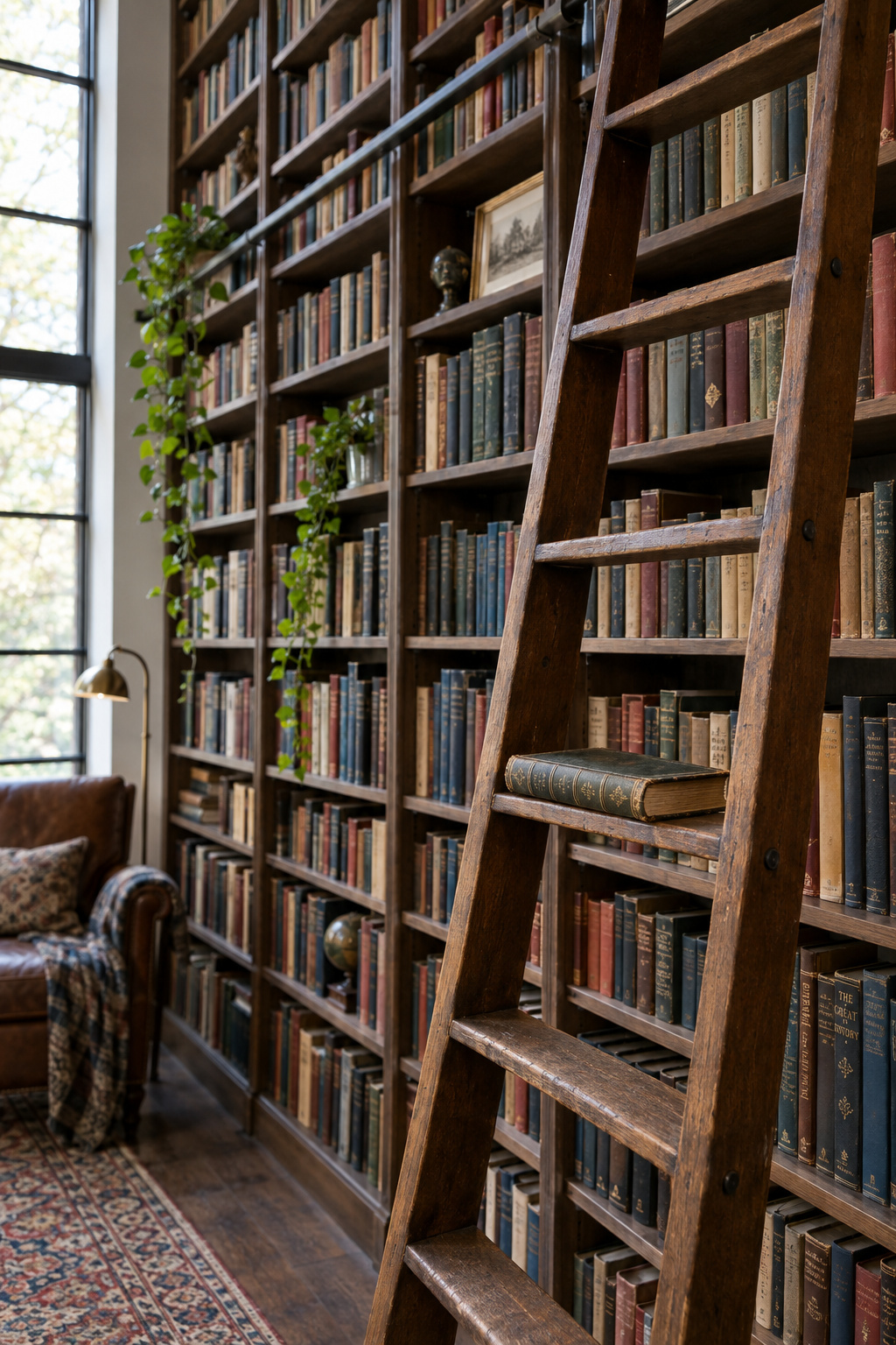 Floor-to-ceiling bookshelf wall of clothbound spines with a single aged hardcover resting on a library ladder rung