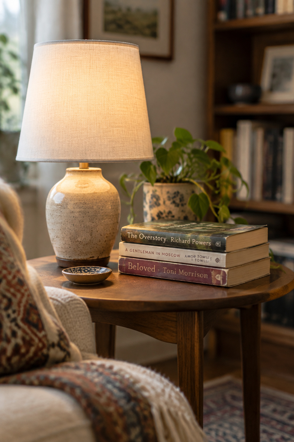 Small wood side table with a lamp and a short stack of secondhand books, a folded linen throw over its edge