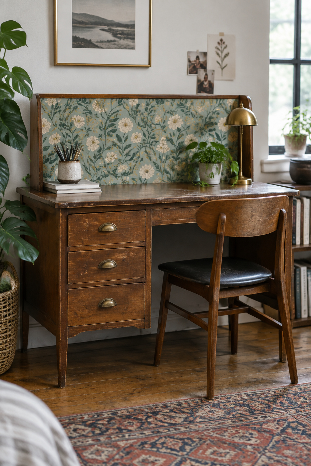Secondhand wood desk with thrifted hardback books and an Edison-bulb lamp in front of a removable wallpaper accent panel