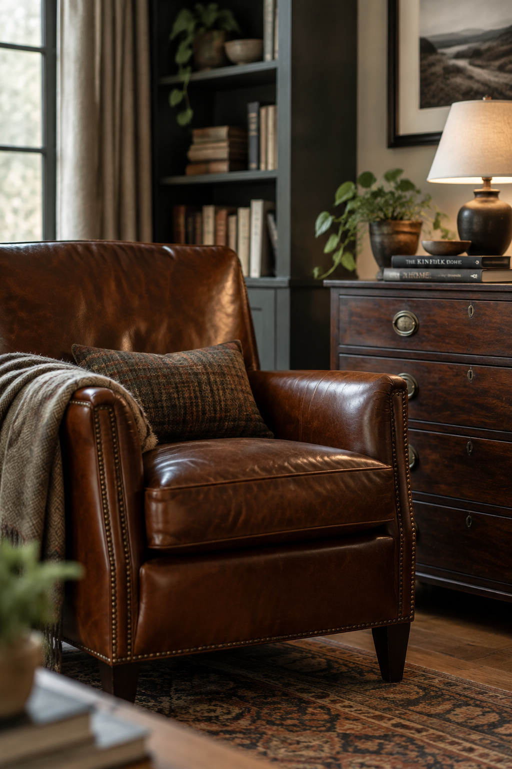 Worn leather reading chair with a folded wool throw beside a dark wood chest of drawers with dovetailed fronts