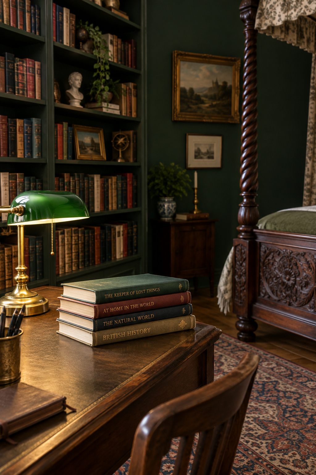 Dark academia bedroom corner with a book-lined wall, a dark wood writing desk under a brass lamp, and a carved four-poster bed footboard