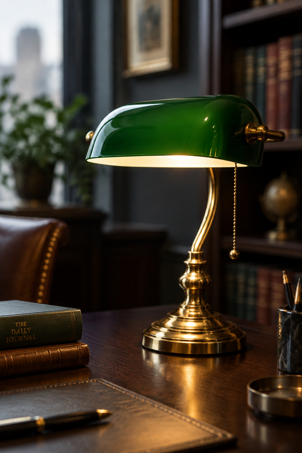 Brass banker's lamp glowing warmly on a dark wood desk corner beside an open book, bookcase fading into shadow behind it