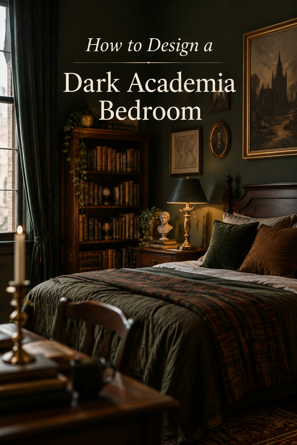 Three-panel Pinterest collage of a dark academia bedroom: a floor-to-ceiling book wall, a lamplit writing desk, and a carved four-poster bed corner, with a deep oxblood text band