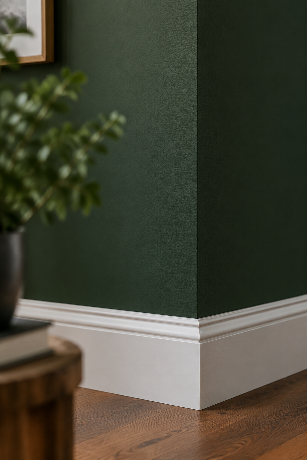 Deep bottle-green matte-painted wall meeting a trim corner beside heavy oxblood velvet drapery