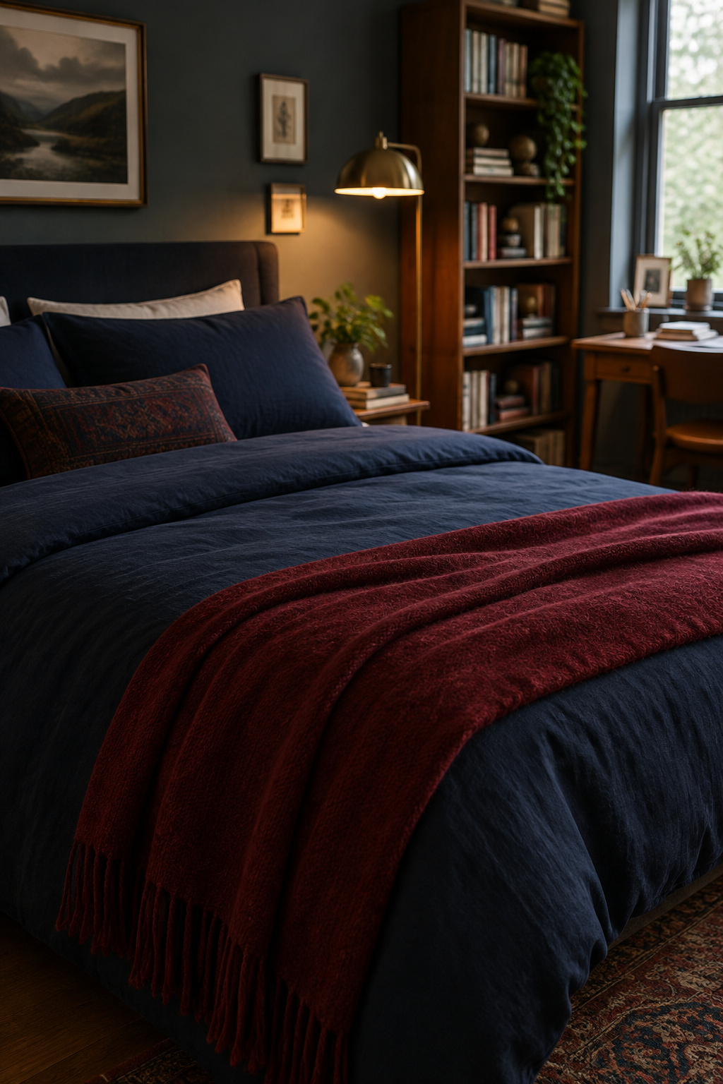 A dark academia bedroom with the bed as the visual anchor, an ink-navy duvet and oxblood throw, bookshelf and desk visible in the background