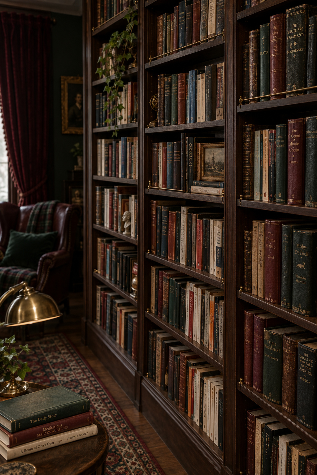 Floor-to-ceiling dark wood bookshelf densely filled with worn hardcovers and paperbacks in a dark academia bedroom