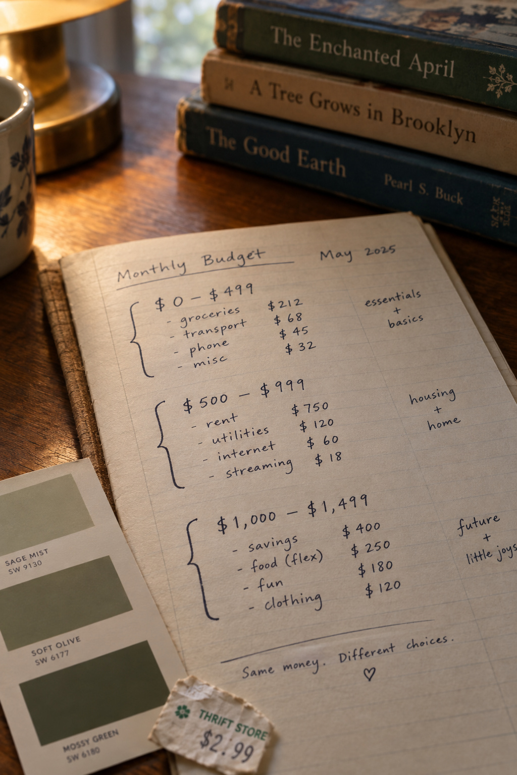 A handwritten budget ledger page showing three bracketed dollar ranges stacked like rungs, beside a paint swatch and a peeled price sticker
