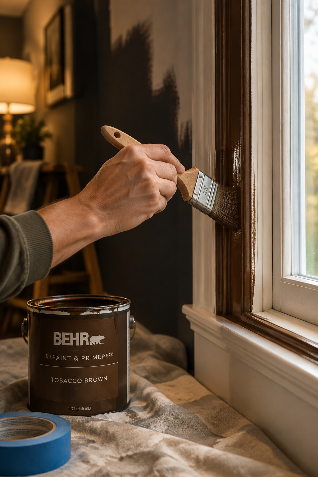 A paintbrush mid-stroke on a strip of window trim in deep tobacco brown, with a paint can and tape roll on a drop cloth below