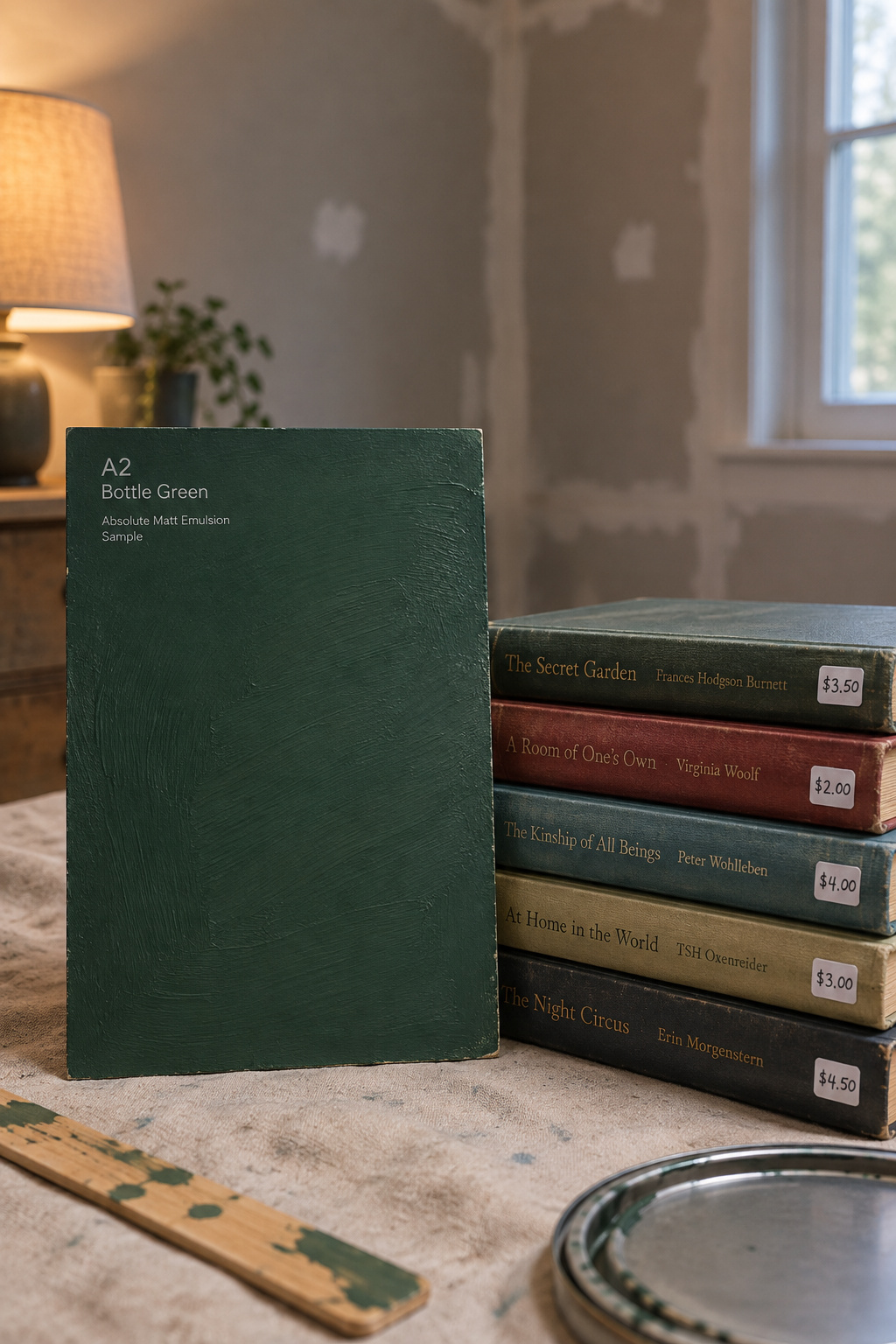 A large bottle-green paint sample board propped against a wall beside secondhand hardcover books with visible price stickers