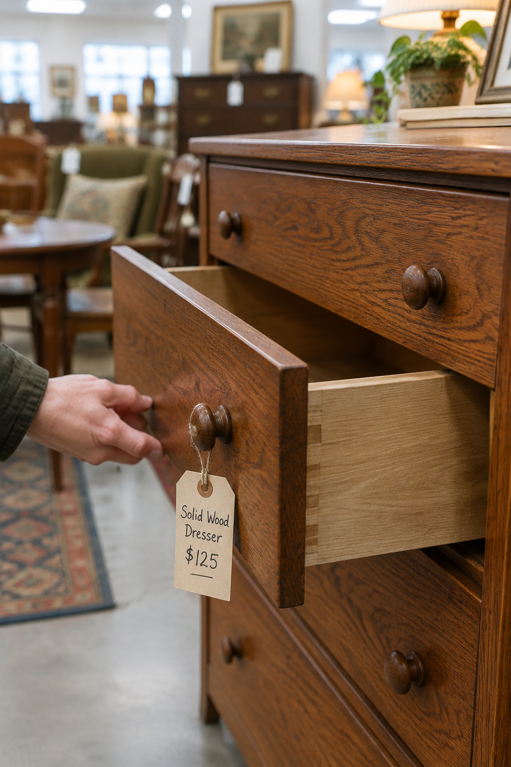 A solid wood dresser at an estate sale with its drawer pulled open and a handwritten price tag tied to the pull