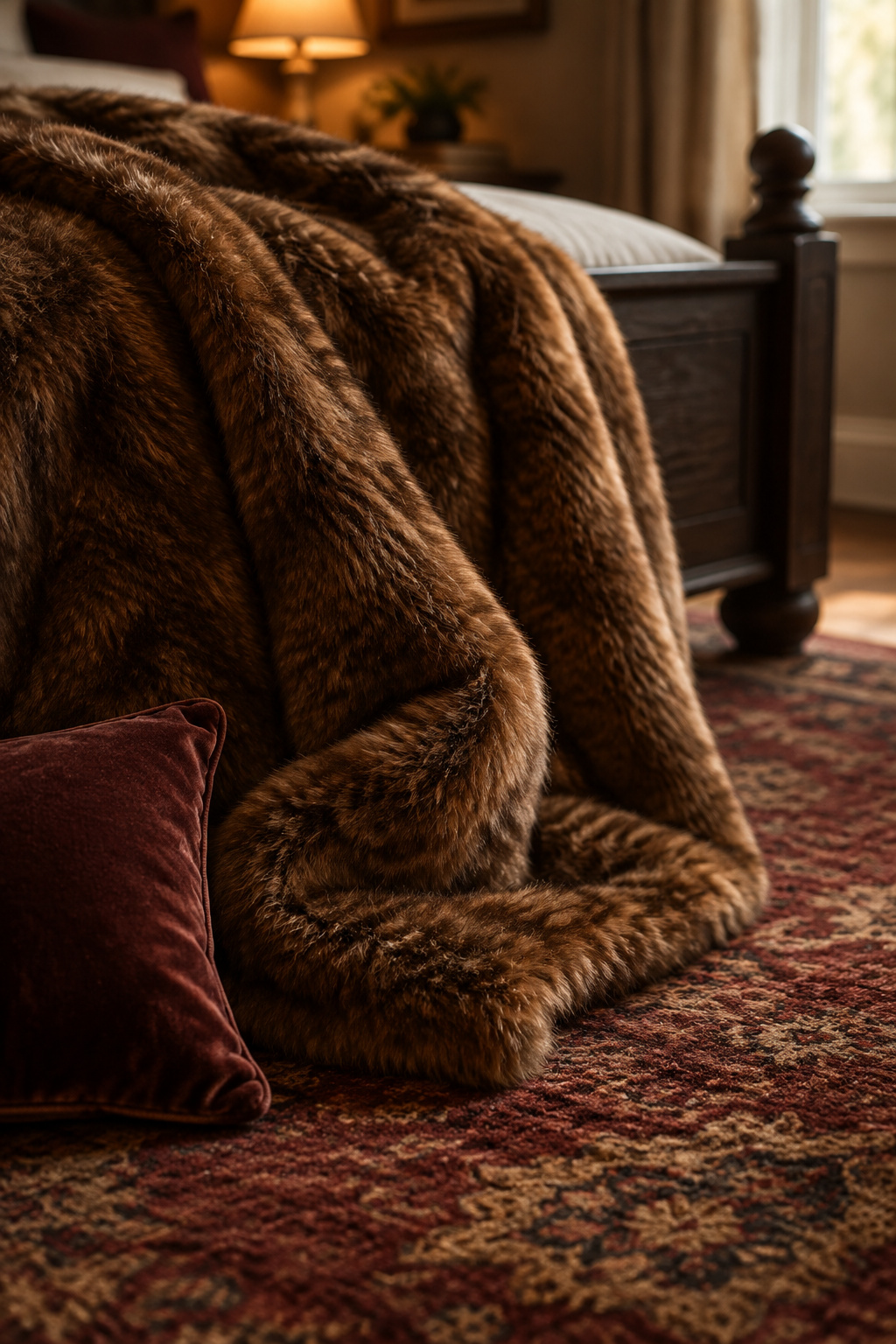 A folded tobacco-brown faux-fur throw draped over a bed corner above a worn oxblood-toned rug