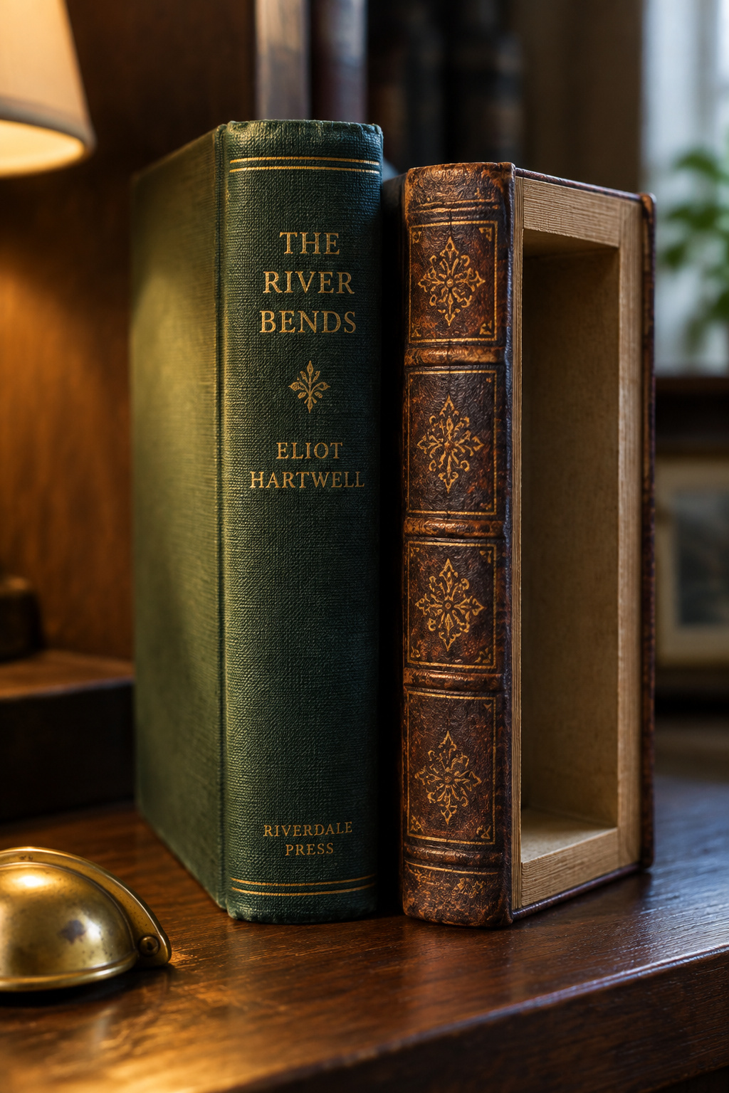 A real cloth-bound secondhand book beside a hollow faux book prop, with a worn cheap gold-tone drawer pull nearby