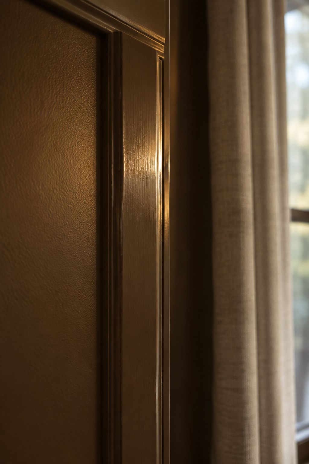 Window trim painted the same tobacco brown as the wall but in a higher sheen, with warm lamplight catching the gloss difference