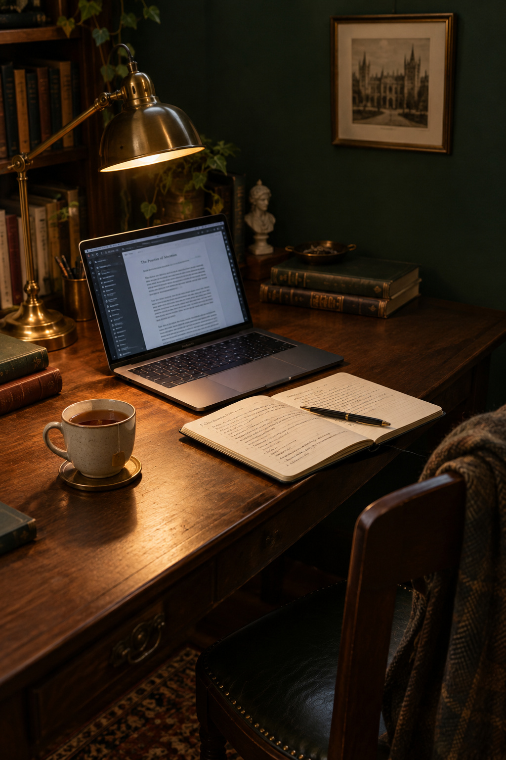 Complete dark academia desk corner mid-work with a lit lamp, open laptop, notebook and pulled-in chair