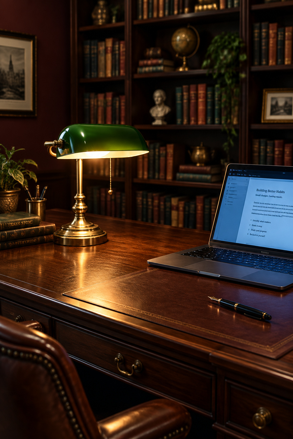 Dark academia desk corner with a lit brass banker's lamp beside an open laptop on a dark wood partners desk