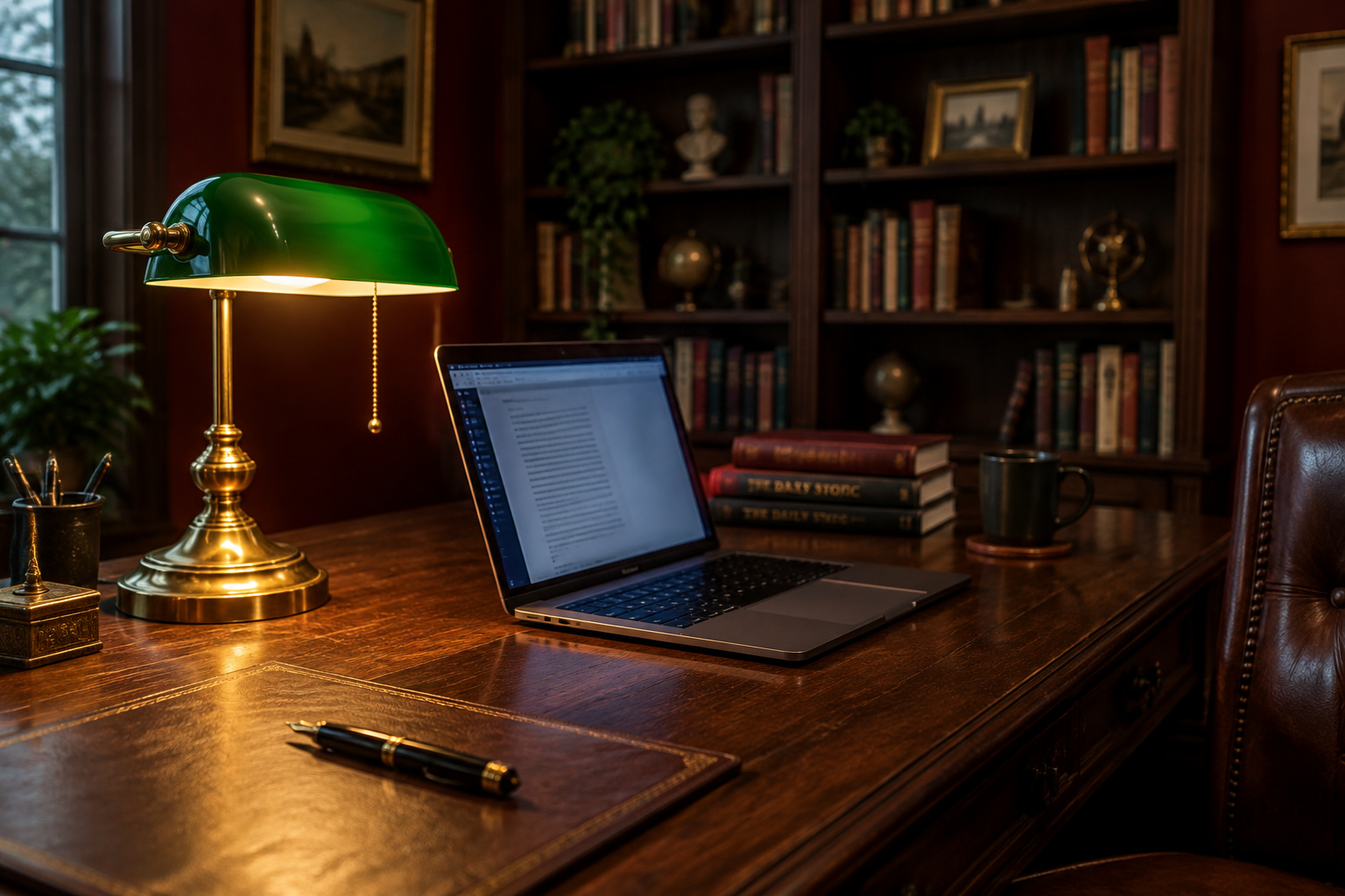 Dark academia desk corner with a lit brass banker's lamp beside an open laptop on a dark wood partners desk